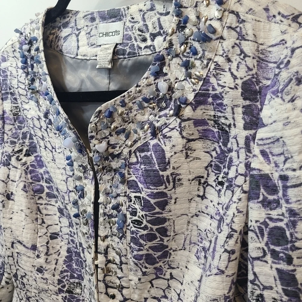 Chicos Jacket 0 Small Purple Gray Blazer Gem Embellished Snake Print Lined Women